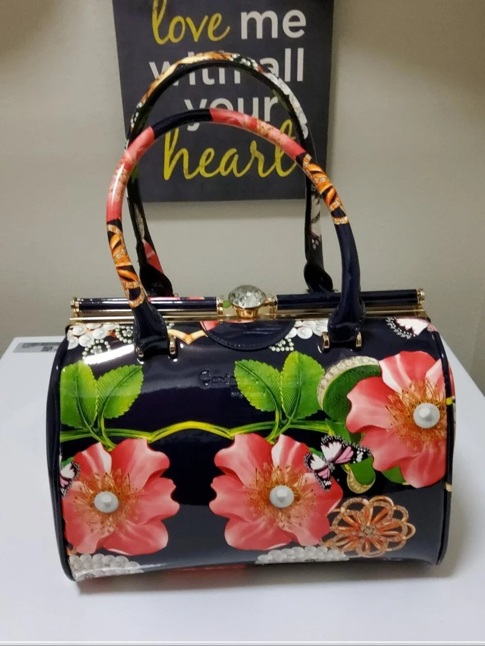 Patent Floral Satchel Handbag - Navy with Pink Flowers